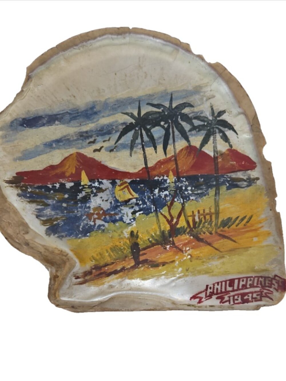 Vintage WWII 1945 Philippine Campaign Handpainted Oyster Seashell Trench Art MOP